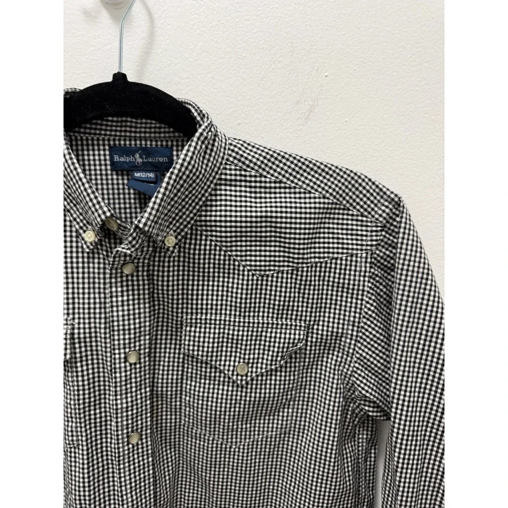 Ralph Lauren Boys Black White Gingham Western Snap Shirt M 12/14 RN